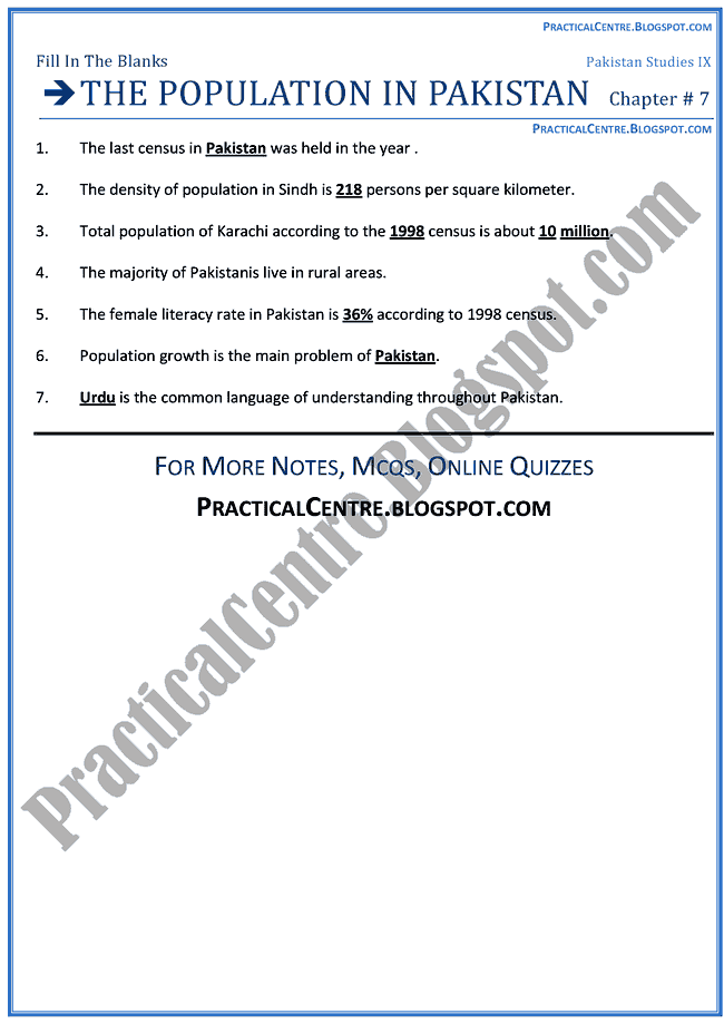 the-population-in-pakistan-Fill-In-The-Blanks-Pakistan-Studies-IX