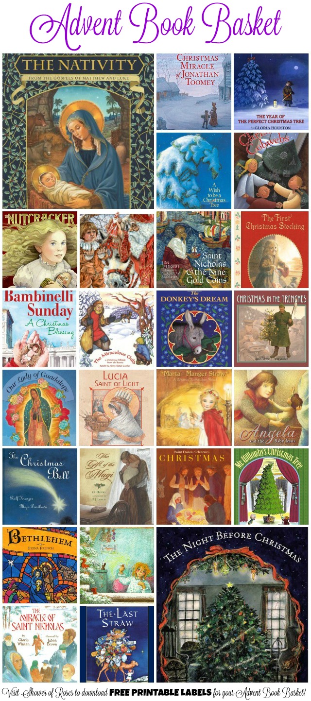 Shower of Roses Our 2015 Advent Book Basket and Printable Labels {and