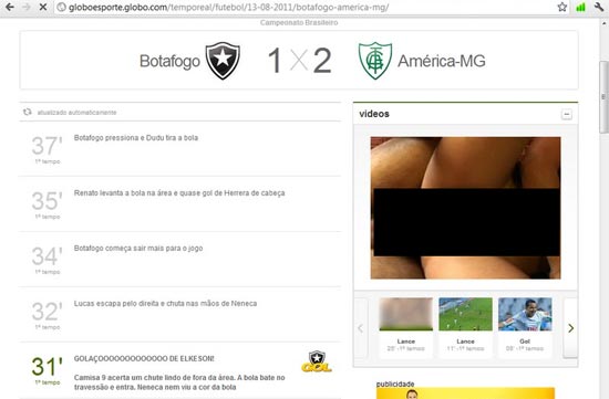 Globo.com exibe vídeo pornô no meio do futebol por engano