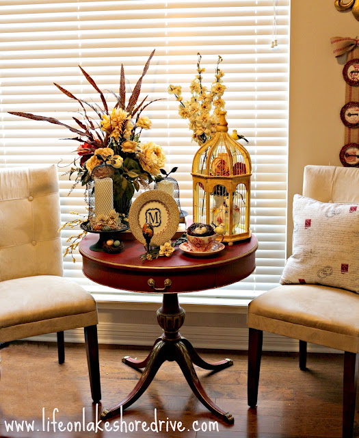 Spring Decor with cloches and a bird cage, eggs, bird's nest, wire cloche, Annie Sloan Emperor's Red Silk with gold gilding wax