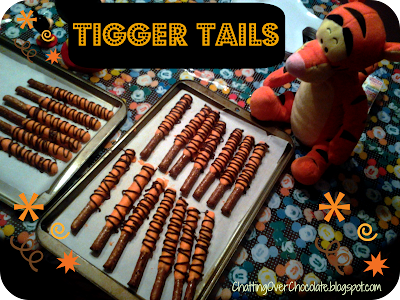 TIGGER TAILS!! These are inspired by some Disneyland fare. Their Tigger Tails are covered marshmallows on a stick. While those would also be tasty to recreate, at our house we're big fans of covering pretzels and decking them out in a variety of scrumptious ways! This being one of them