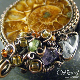 Handmade Wire Wrapped Ammonite Pendant (C) - Close up of quartz crystal, amethyst, peridot, glass beads - ©2014 Tim Whetsel - TDWJewelry
