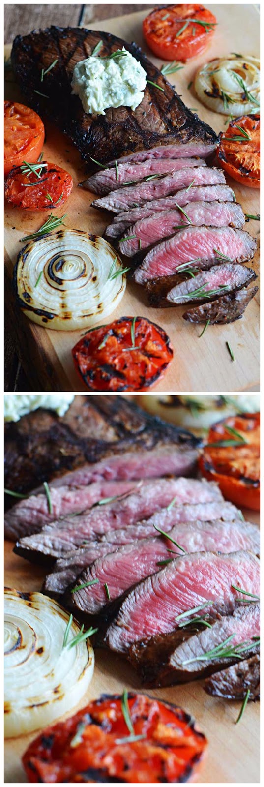 Grilled Balsamic Steak with Blue Cheese Butter. Chopped Jalapeno