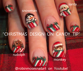 christmas nails, sock monkey nail, snowman nail, santa nail, rudolph nail, red nose nail, candy cane nail tip, xmas stocking nail, stocking nail, christmas present nail, peppermint nail, cinnamon nail, monkey nail, christmas 2011 nail, 2012 nail art,