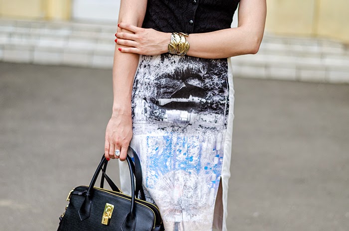 lace shirt H&M trend landscape skirt H&M Topshop gold bracelet Nowistyle bag