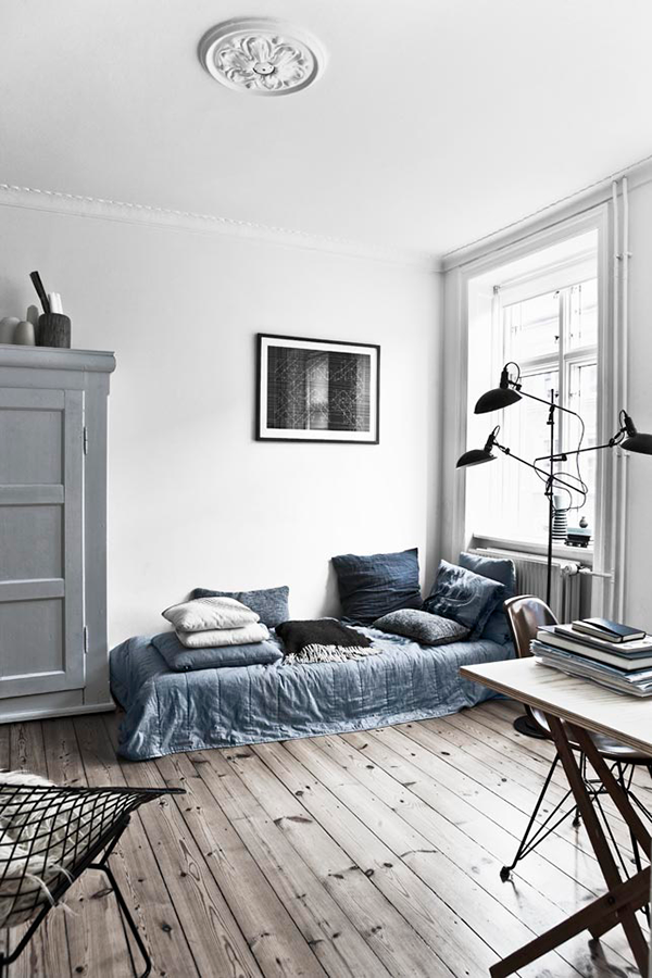 subtle harmony of wood, blue and black
