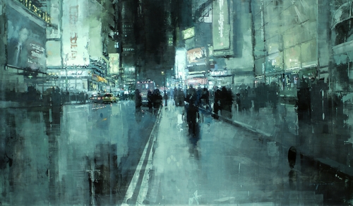 01-7th-Ave-Night-Jeremy-Mann-Figurative-Painting-in-Cityscapes-Oil-Paintings-www-designstack-co