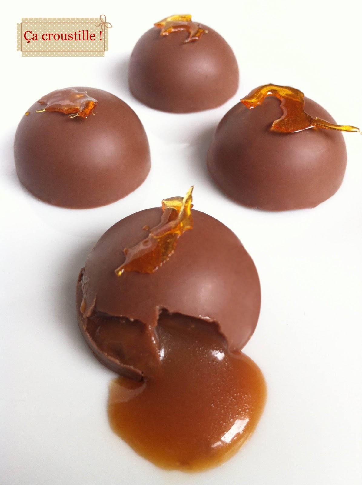 Bonbons en chocolat au lait et coeur coulant au caramel de beurre salé -  Sucre d'Orge et Pain d'Epices