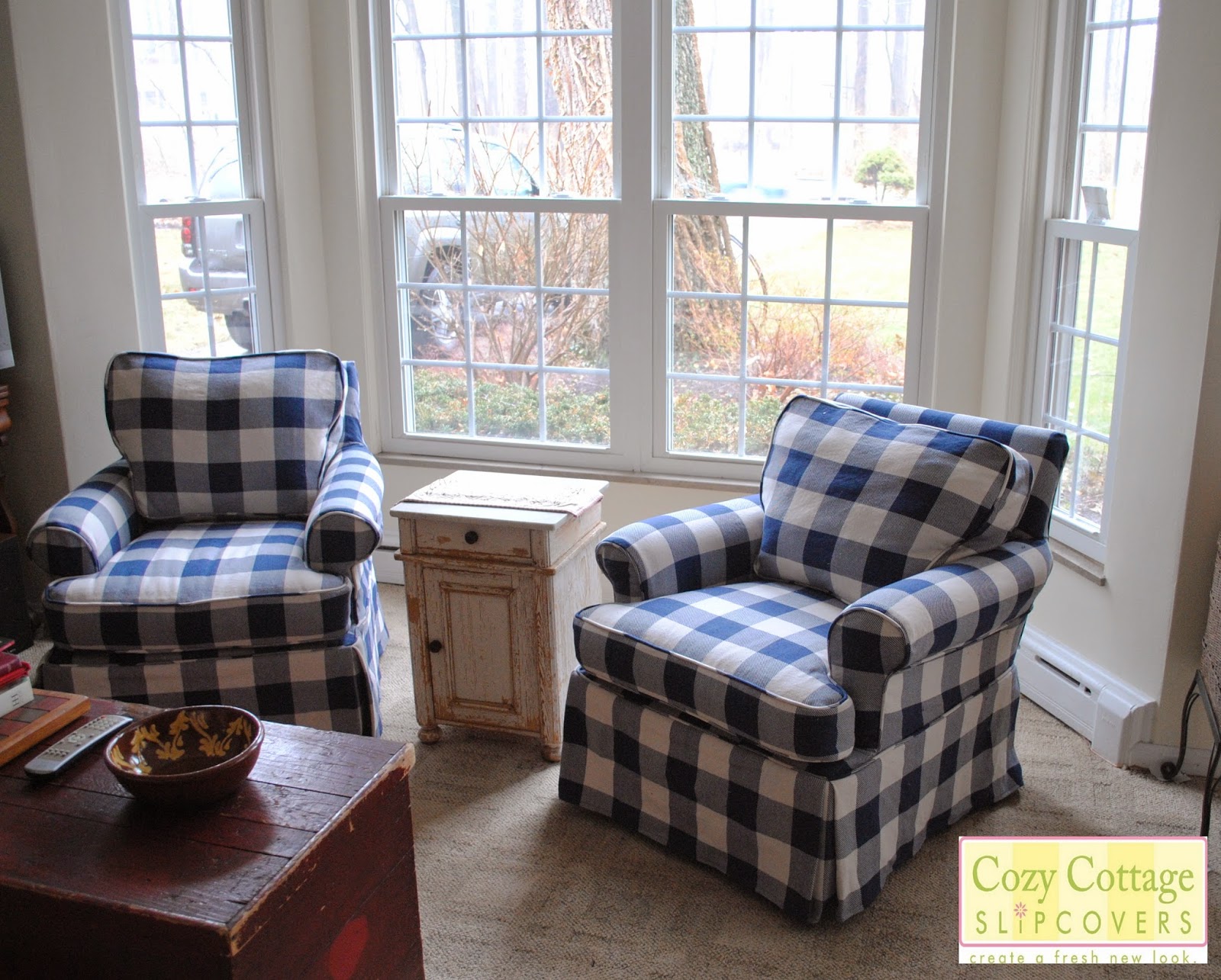 Cozy Cottage Slipcovers Blue and White Buffalo Check Slipcovers