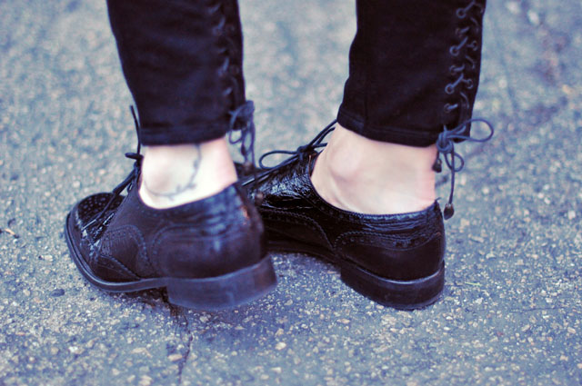 black patent leather oxford lace ups, lace up jeans