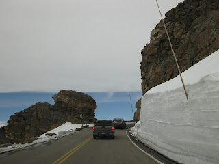 Tall snowbanks at the rock cut on Trail Ridge Road