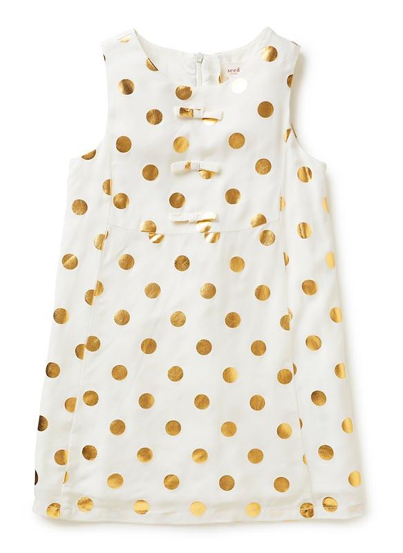 white and gold polka dot dress