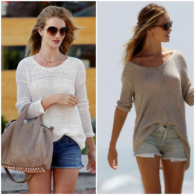 Rosie Huntington has perfected the sweater and jean short look!