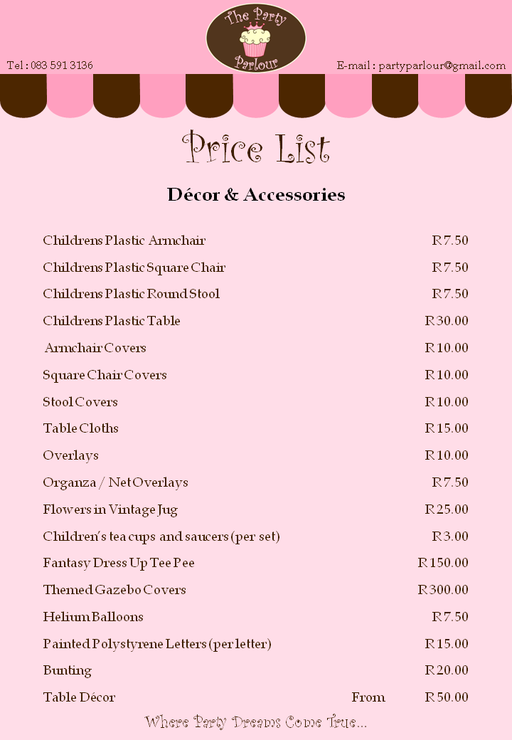 The Party Parlour Price Lists