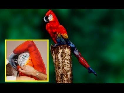 Body paint parrot: Artist paints model to trickily look just like