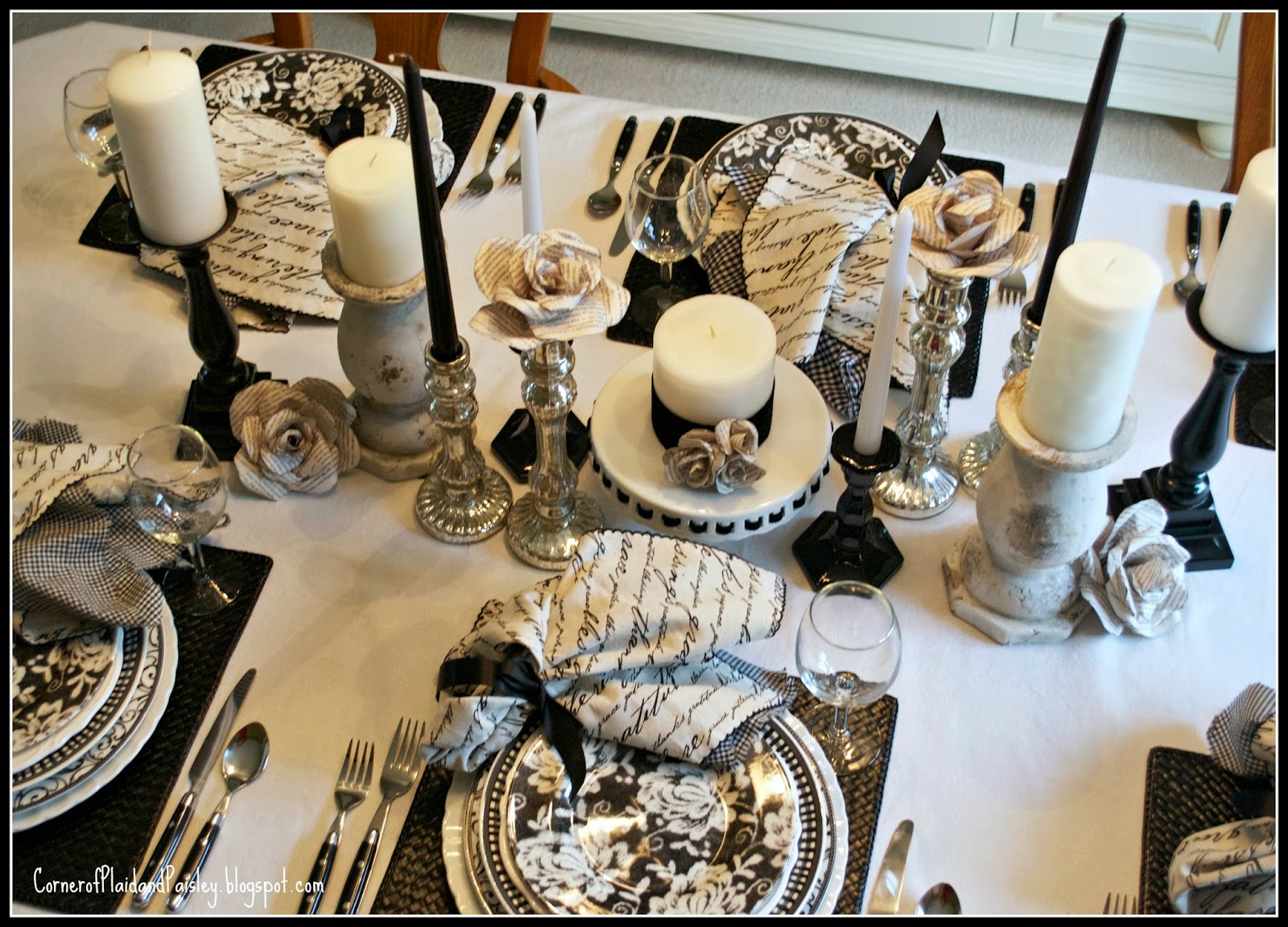 Corner of Plaid and Paisley Black and White Table