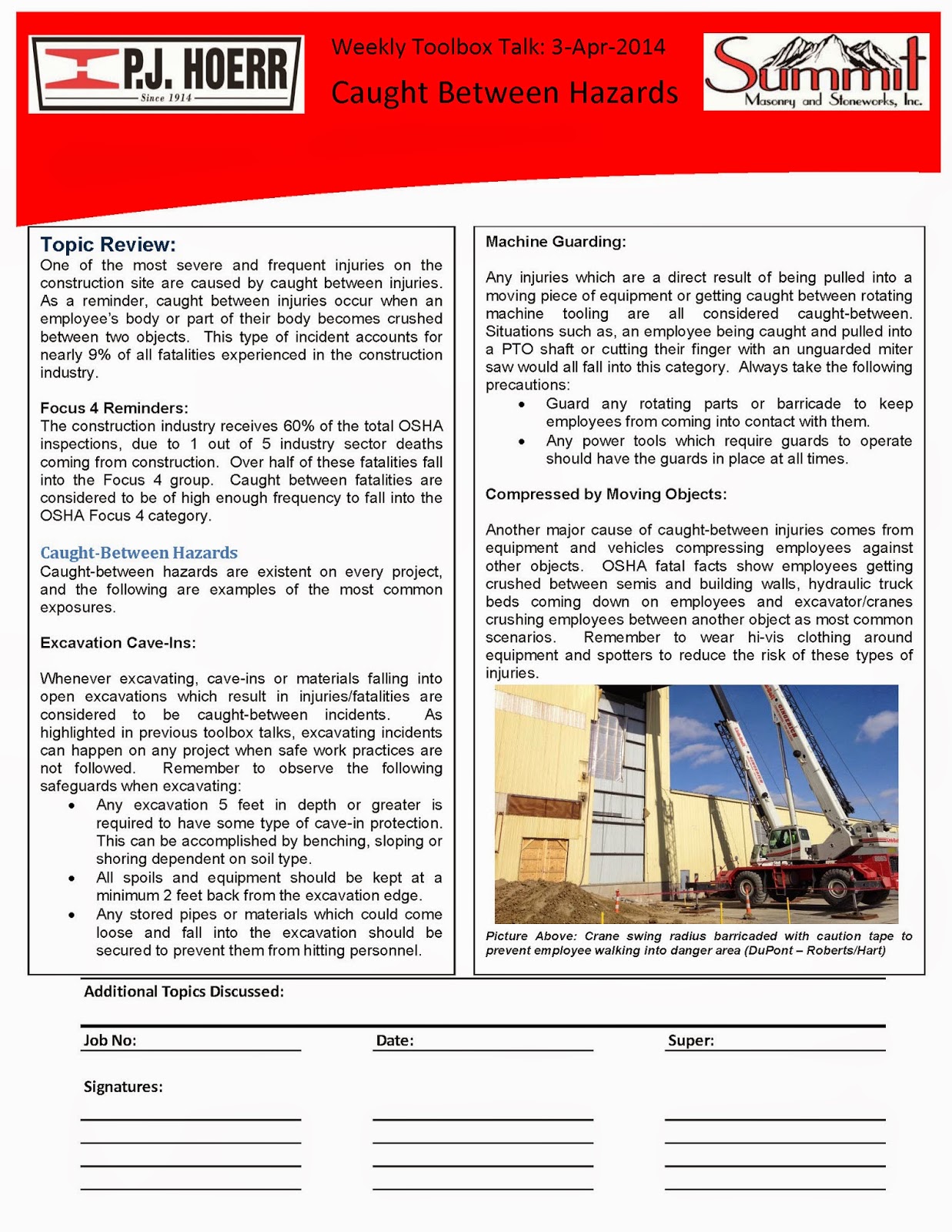 P.J. Hoerr, Inc. P.J. Hoerr & Summit Masonry Weekly Toolbox Talk