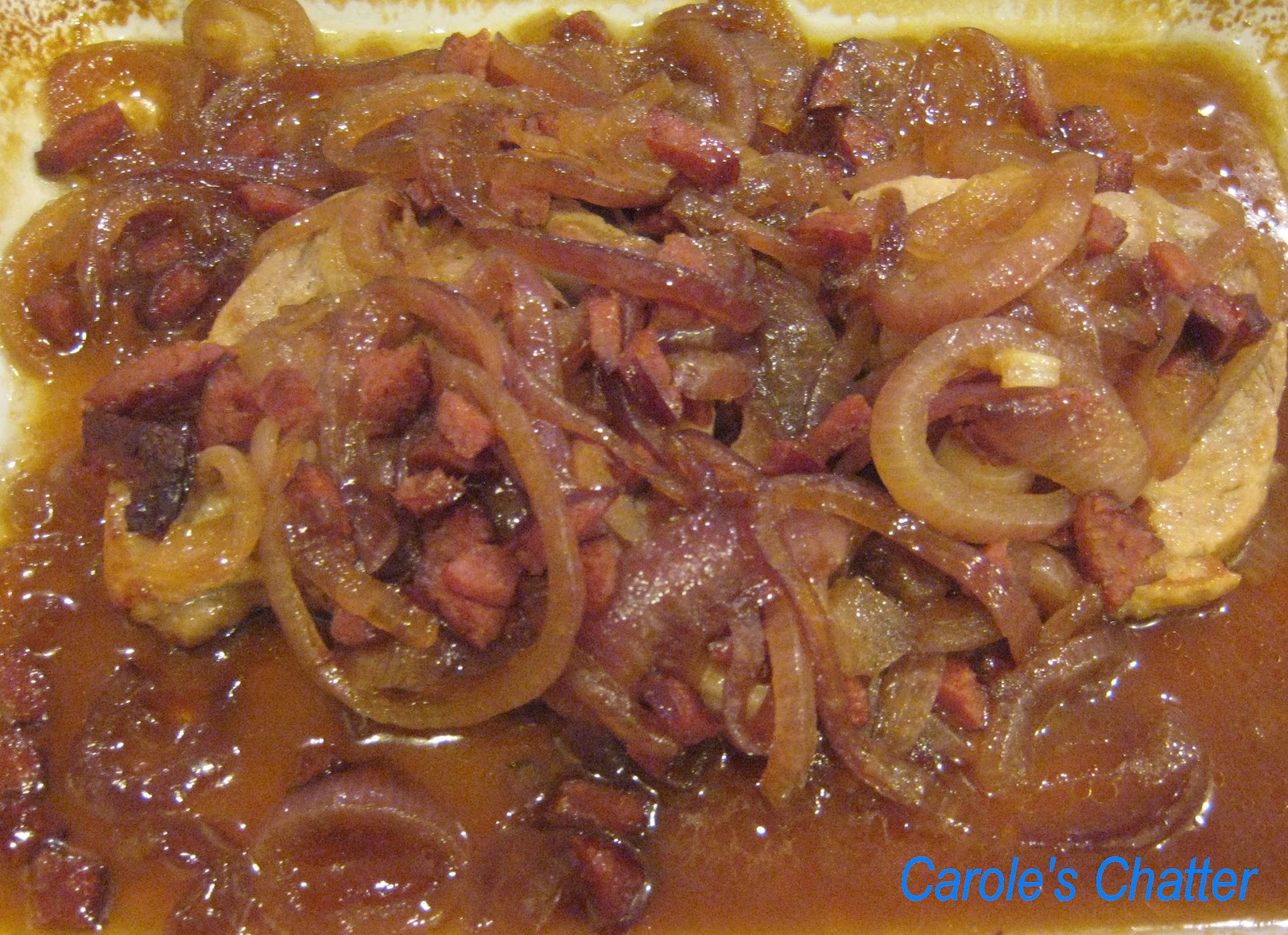 Carole's Chatter Pork steak with savoury/sweet onion and chorizo sauce