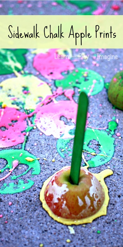 Apple printing with apple scented sidewalk chalk paint.  Bonus:  it erupts!