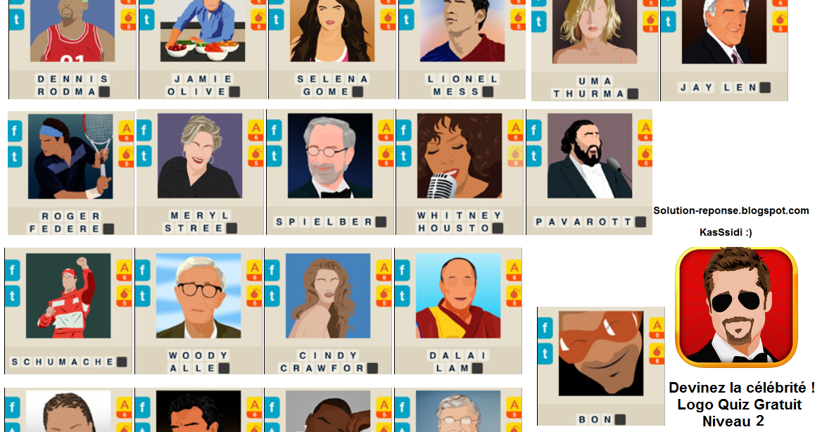 Devinez La célébrité Solution Pack 2 Toutes les solutions réponses des jeux android iphone