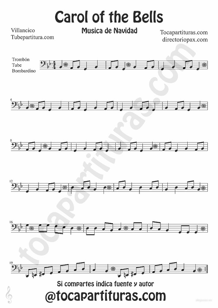 Tubescore Carols Of The Bells Sheet Music For Trombone Tube And Euphonium Traditional Christmas Carol Music Score