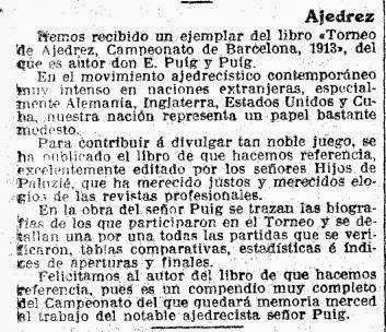 Recorte de noticia en La Vanguardia sobre el Campeonato de Ajedrez de Barcelona 1913
