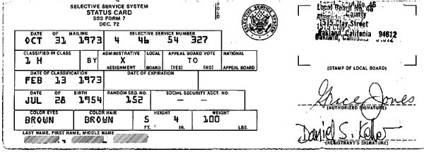 1972 Draft Card, Selective Service System, SSS-7
