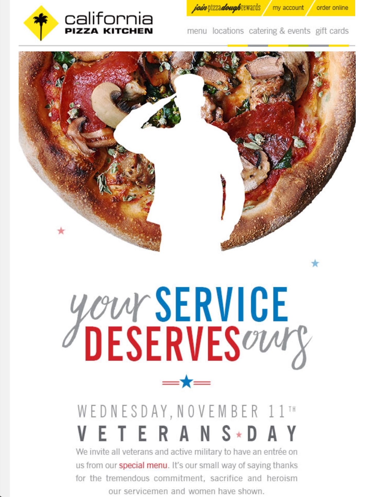 FREE IS MY LIFE California Pizza Kitchen honors Veterans and Active
