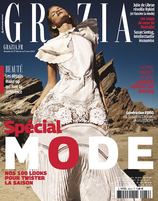 Grazia France 27th February 2015, Marloes Horst -1 Roberto Cavalli Spring 2015 White Embroidered Silk-Georgette Maxi Dress Editorials