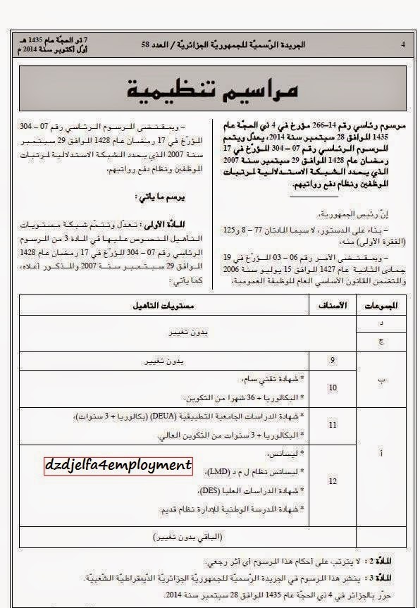 تصنيف حملة الشهادات حسب الجريدة الرسمية للجمهورية الجزائرية العدد 58 في 28 سبتمبر 2014 إعلانات التوظيف في الجلفة