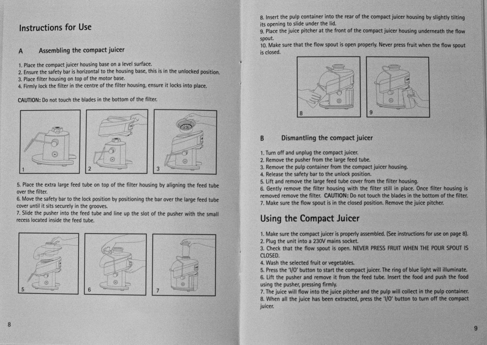 Assembling and dismantling, using the juicer Cuisinart Compact Juice maker's assembling and dismantling, using the juicer instructions