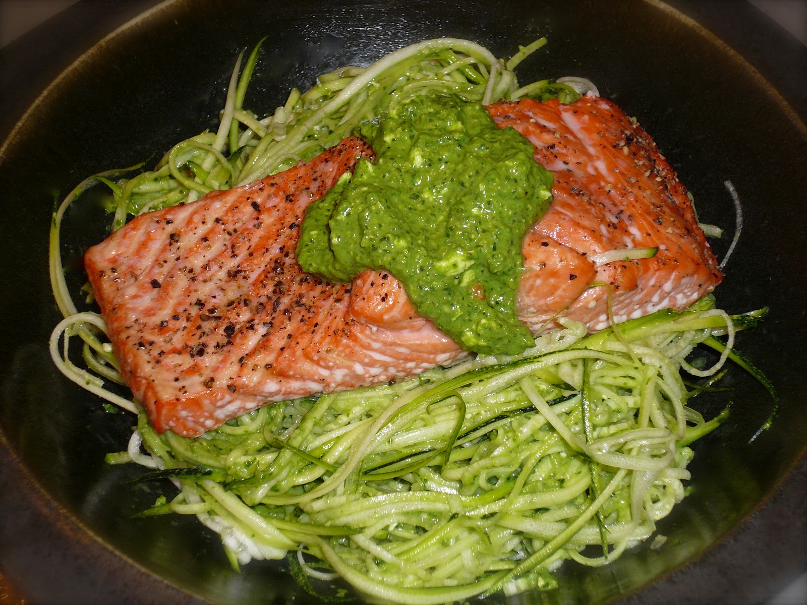 What's cookin' Zucchini Noodles with SpinachFeta Pesto and Salmon
