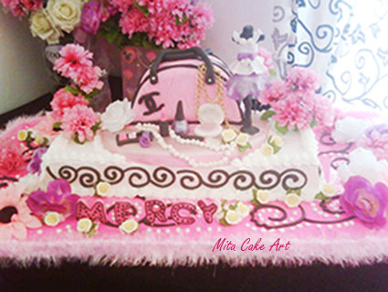 Pink Chanel Hand Bags cake with mannequin and make up
