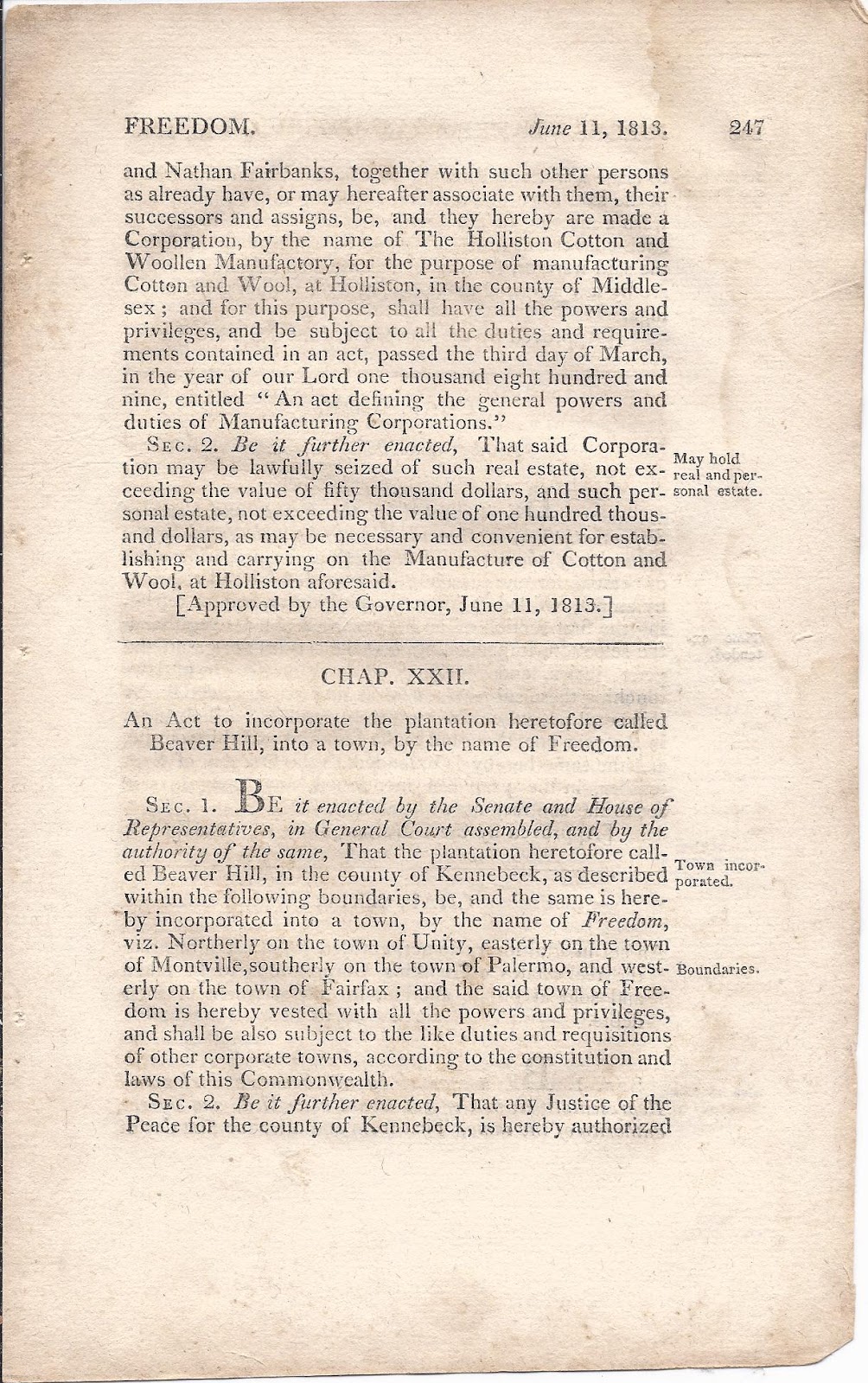 Heirlooms Reunited 1813 Law Creating Town of Freedom, Maine, from
