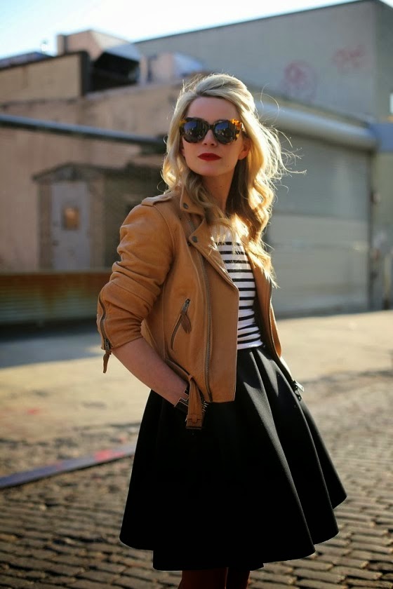 Brown Leather Jacket with Stripes,Skirt and Leopard Shades Fashion