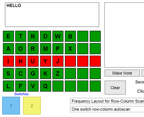 Switch Scanning screen-shot. Text box window reads, "hello". Beneath is a grid of letters, with a row of them highlighted in red.