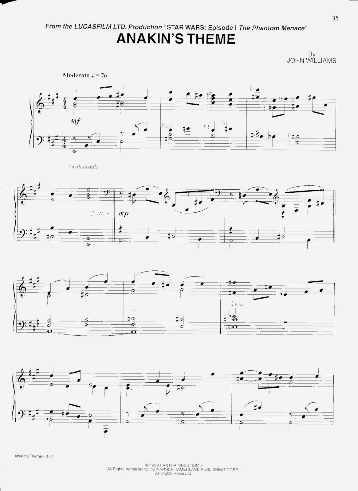 Anakin Theme, John Williams - from Star Wars Episode I | Partituras para Piano