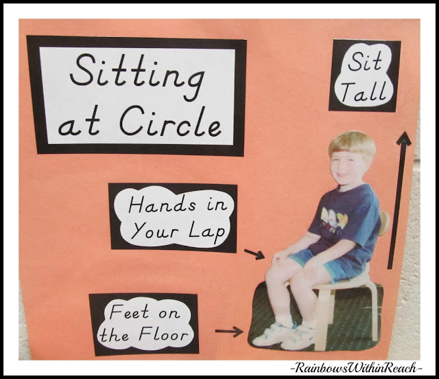 photo of: Visual Cues (Photos) for Circle-time Rules in Preschool Classroom