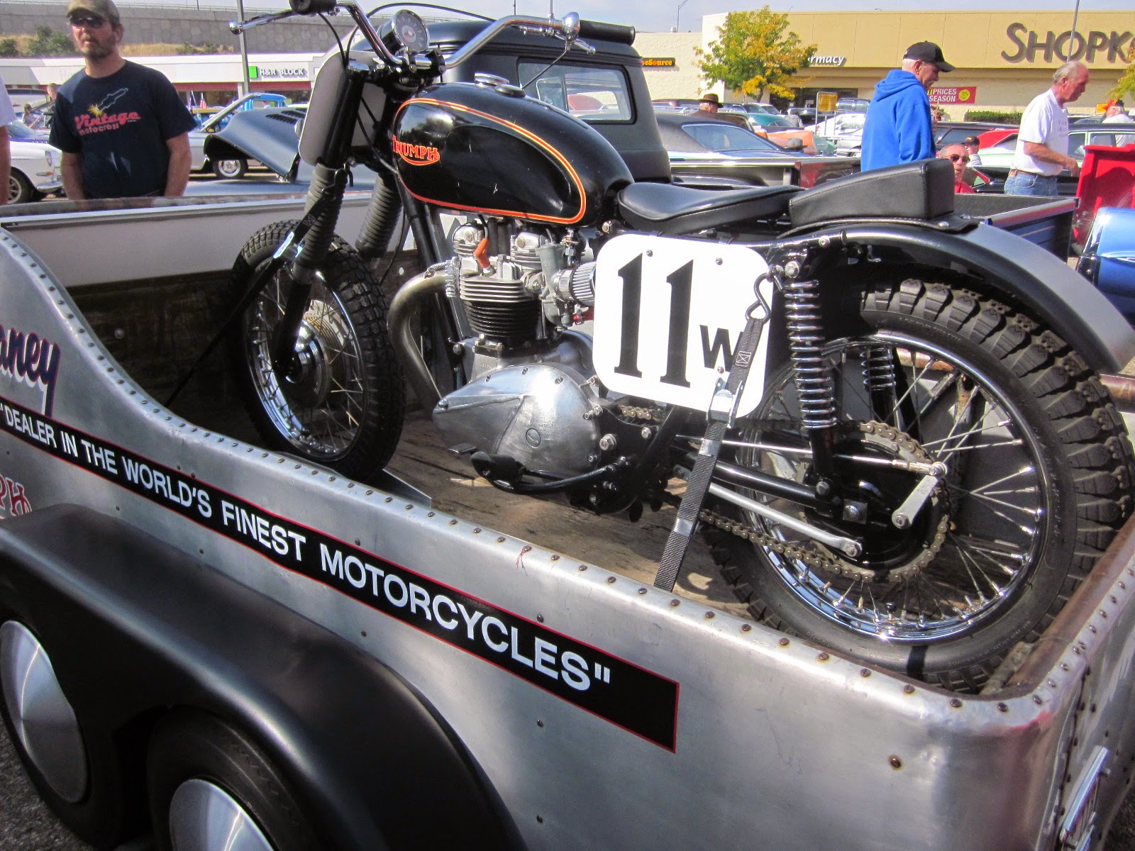 OldMotoDude Triumph Dirt Tracker and Vintage Trailer spotted at a car
