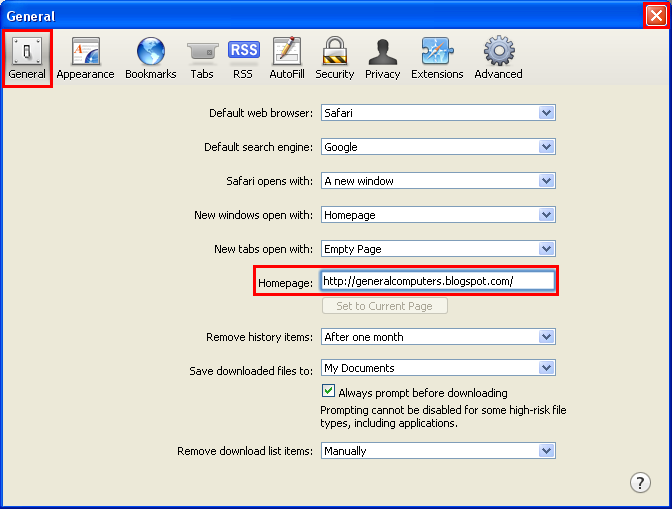 General Computers: Set Default Homepage On Safari 5.1.7 For Windows