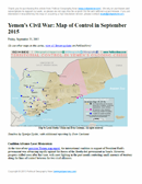 Map of territorial control in Yemen as of September 25, 2015, including territory held by the Houthi rebels and former president Saleh's forces, president-in-exile Hadi and his allies in the Saudi-led coalition and Southern Movement, and Al Qaeda in the Arabian Peninsula (AQAP). Includes recent areas of fighting, such as Aden, Ibb, Taiz, Bayda, Marib, Mukayras, and more.