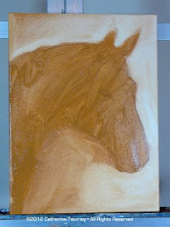 Step by step process showing the wash oil stages of a Wickers Warmblood painting.