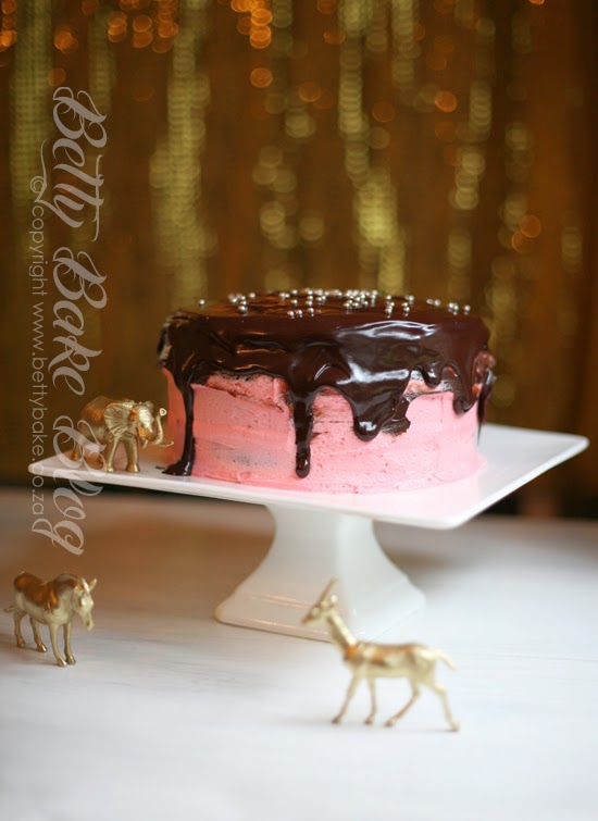chocolate cake, pink and chocolate, pink, gold, party, birthday, girls party, gold animals, cake, love, betty bake