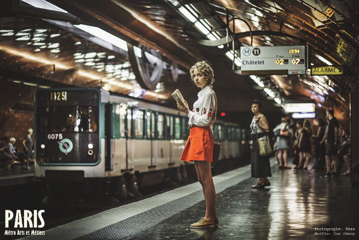 fashion blogger das sheep, orange, white, outfit of the day, cats shirt, tidebuy review, petit bateau, plated skirt, oxford shoes, photography, art fashion photography, Knas, métro Art et Métiers, das Sheep