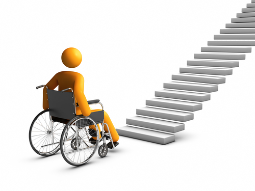 stick figure in wheelchair facing stairs