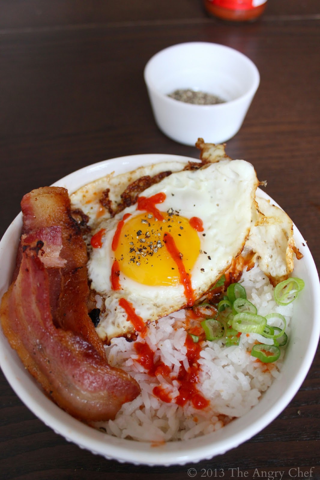 The Angry Chef Sunday breakfast Bacon, eggs, and rice