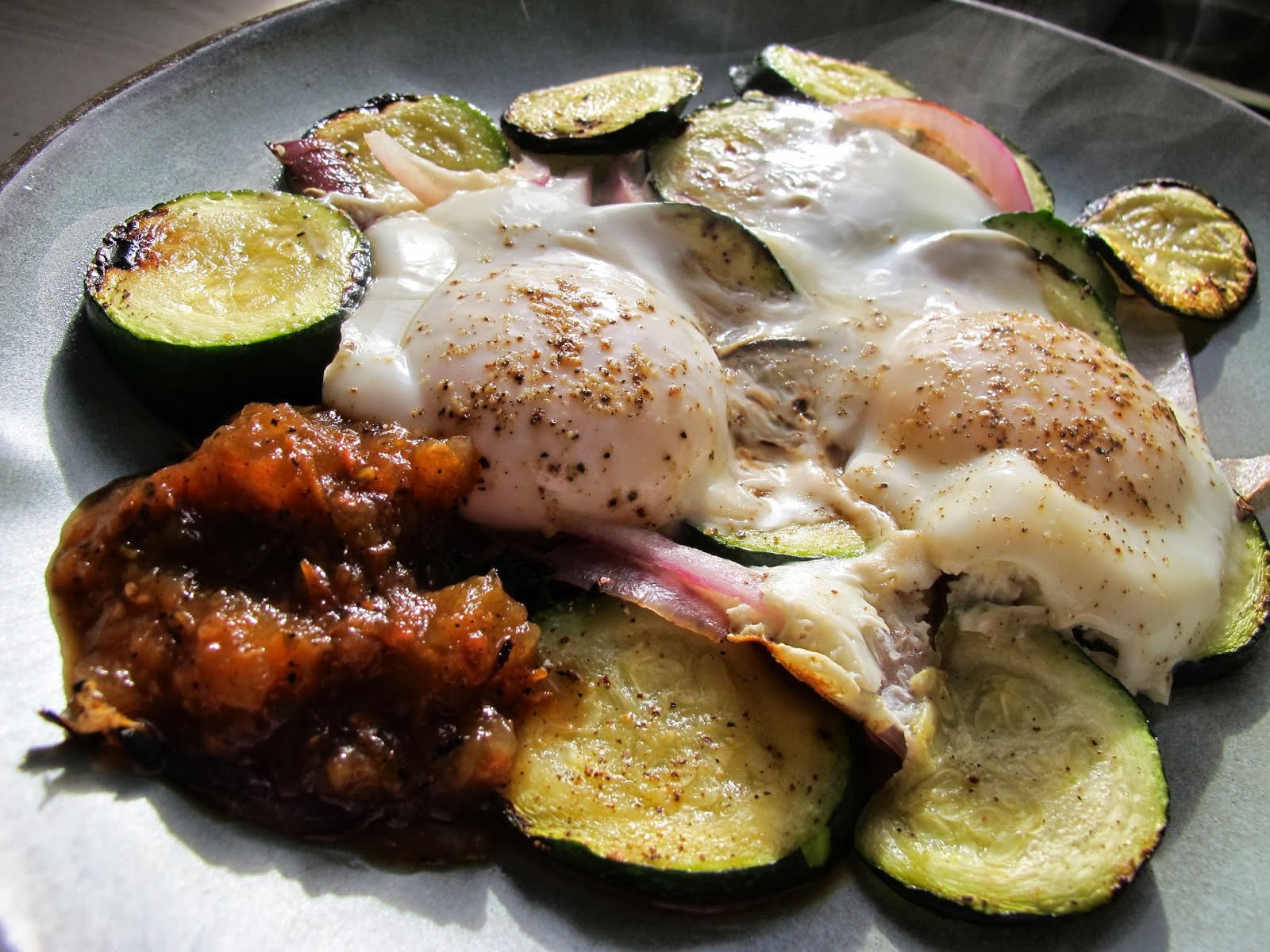 Dinner Place "Fried" Egg Skillet with Zucchini and Salsa