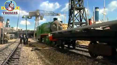 Thomas and Henry the tank engine castle flagpole in Sodor wharf marina moorings long railway flatbed