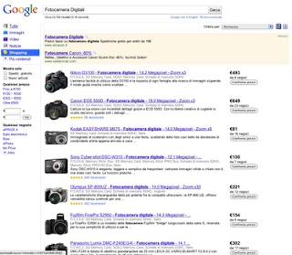 Schermata da desktop di Google Shopping. Vediamo il motore di ricerca con diverse opzioni di macchine fotografiche sotto.
