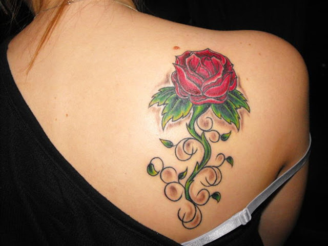 Back Shoulder Red Rose Tattoo